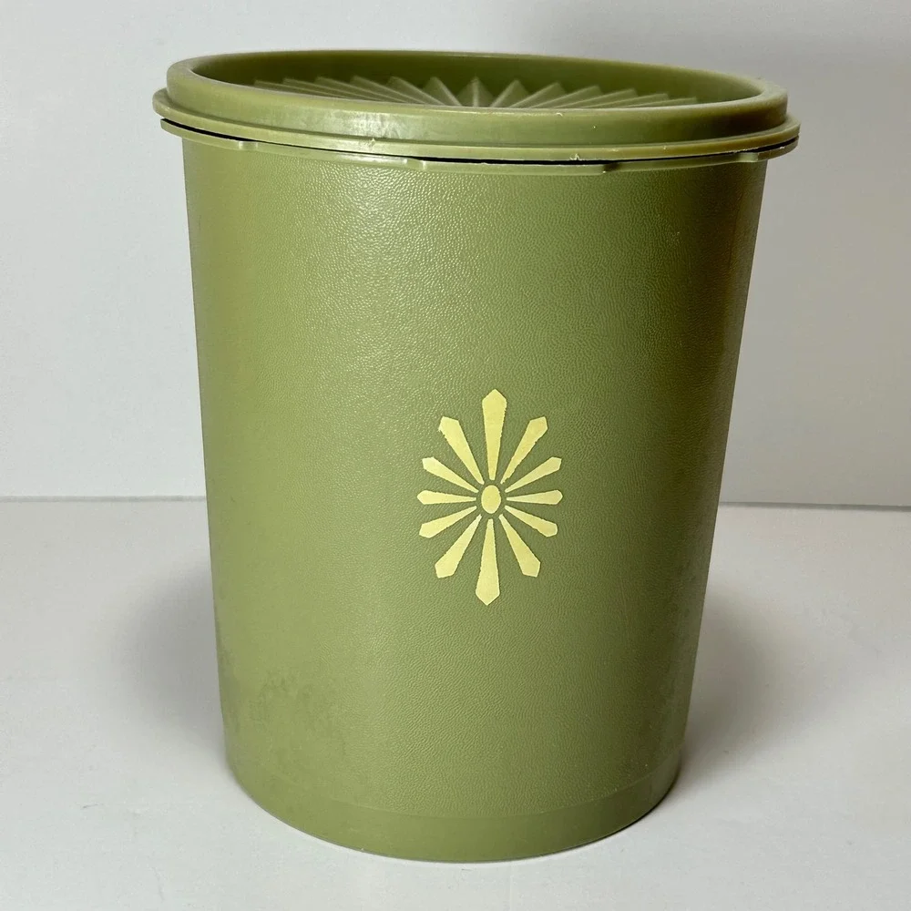 Vintage Tupperware Avocado Green Servalier Canister 809-6 Sunburst Lid 810-8